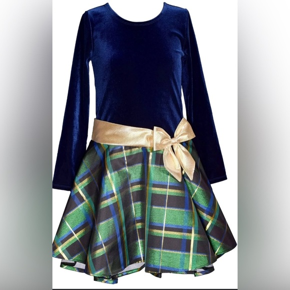 Bonnie Jean Girls Size 10 BLUE GREEN GOLD BOW" Christmas Hipster Dress - Picture 3 of 9